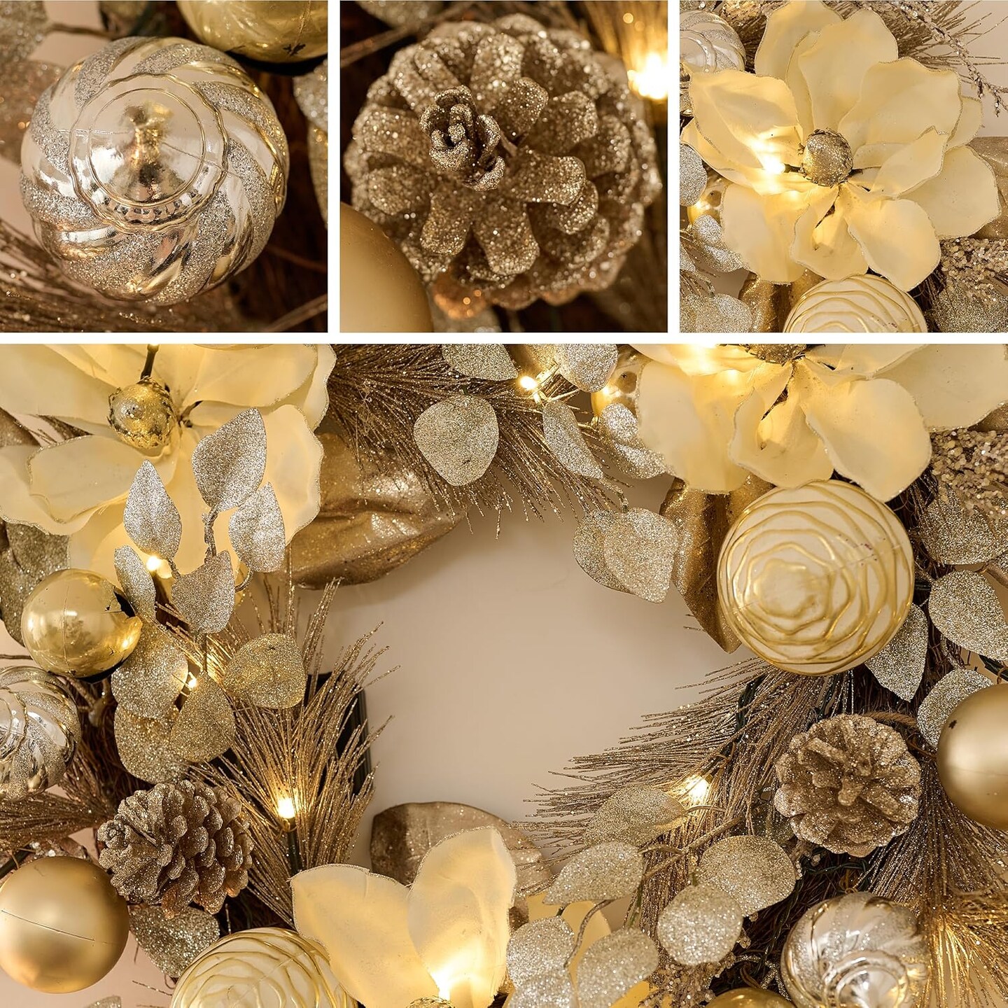 Pre-Lit Large Lighted Christmas Wreath for Front Door (White,Gold) 4"D x 24"W x 24"H