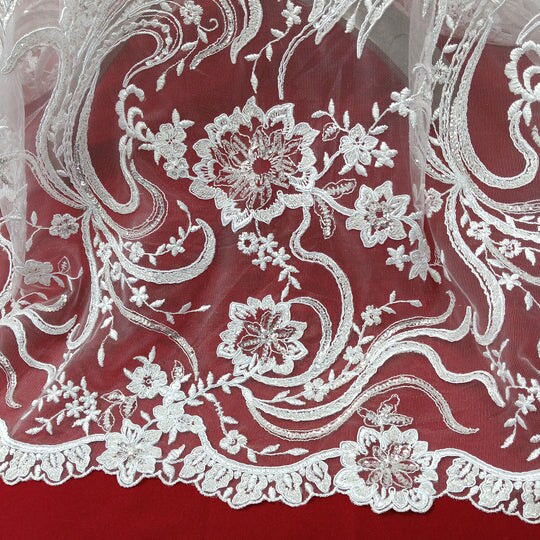 1 Yard Beaded Corded Bridal Lace Fabric Embroidered 100 Percent Polyester Net Mesh 52 inch Width