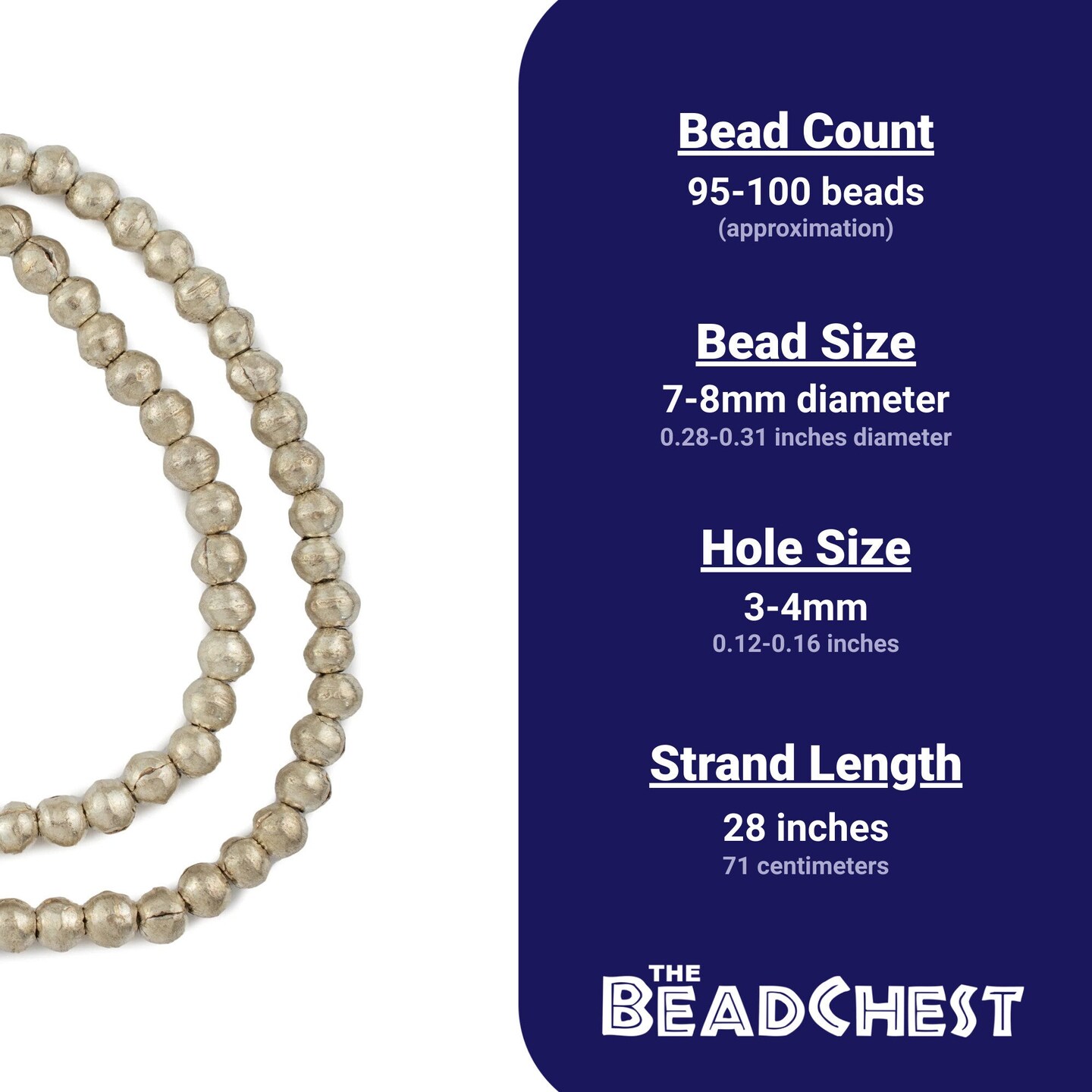 The Bead Chest 8mm Round Silver Beads - Full Strand of African Metal Spacer Beads