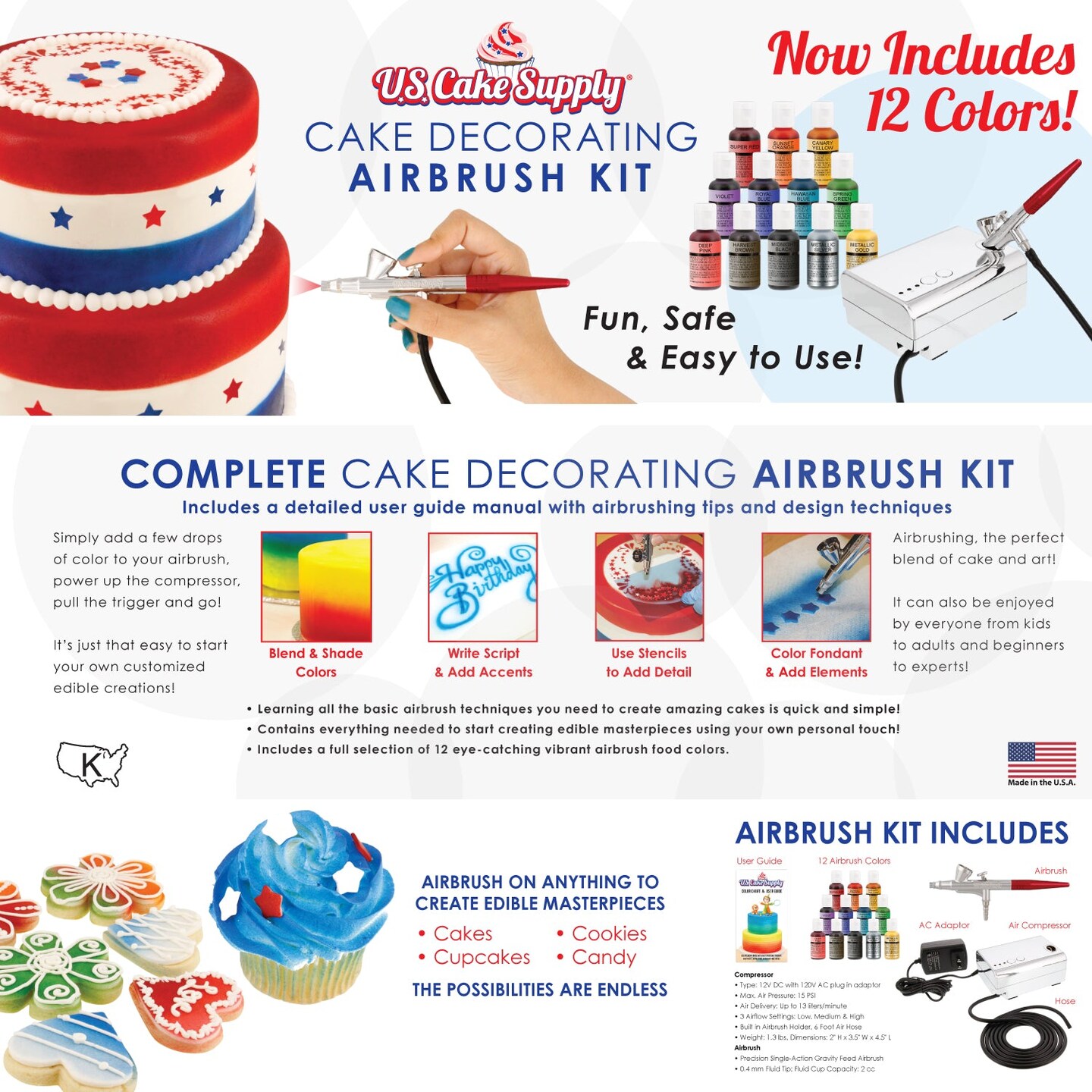 U.S. Cake Supply Complete Cake Airbrush Decorating Kit with 12 Vibrant Food Colors - Air Brush for Cake Decoration, Cupcakes, Cookies &#x26; Desserts