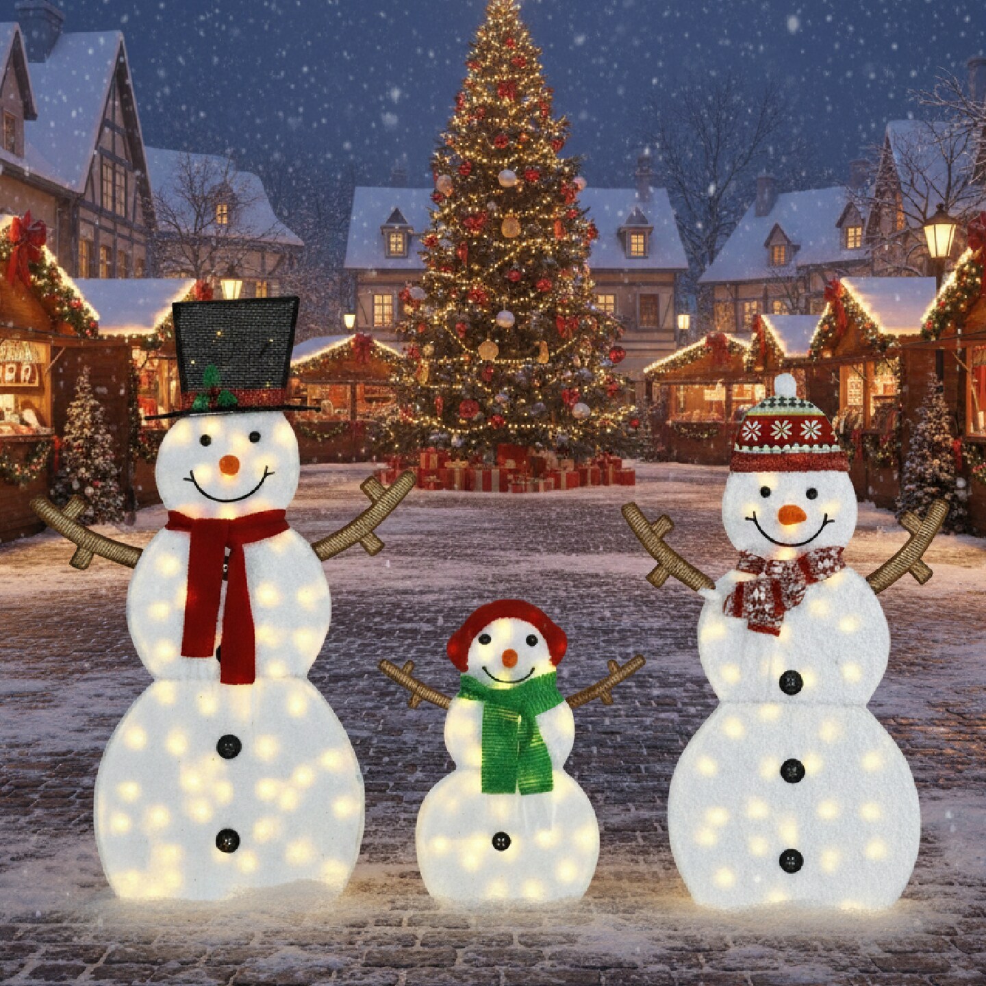 Festive 2D Snowman Christmas Lights Set of 3 Figures 48&#x22;, 42&#x22; and 24&#x22; Holiday Yard Decorations