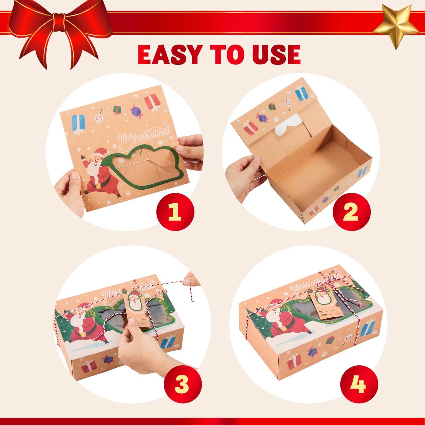 JOYIN 24 PCS Christmas Cookie Gift Baking Box 8.75" x 5.75" x 2.75” with Window Auto-Popup, Xmas Holiday Treat Boxes Containers with Tags for Party Favor Pastries, Cupcake, Brownies, Donut Gift-Giving
