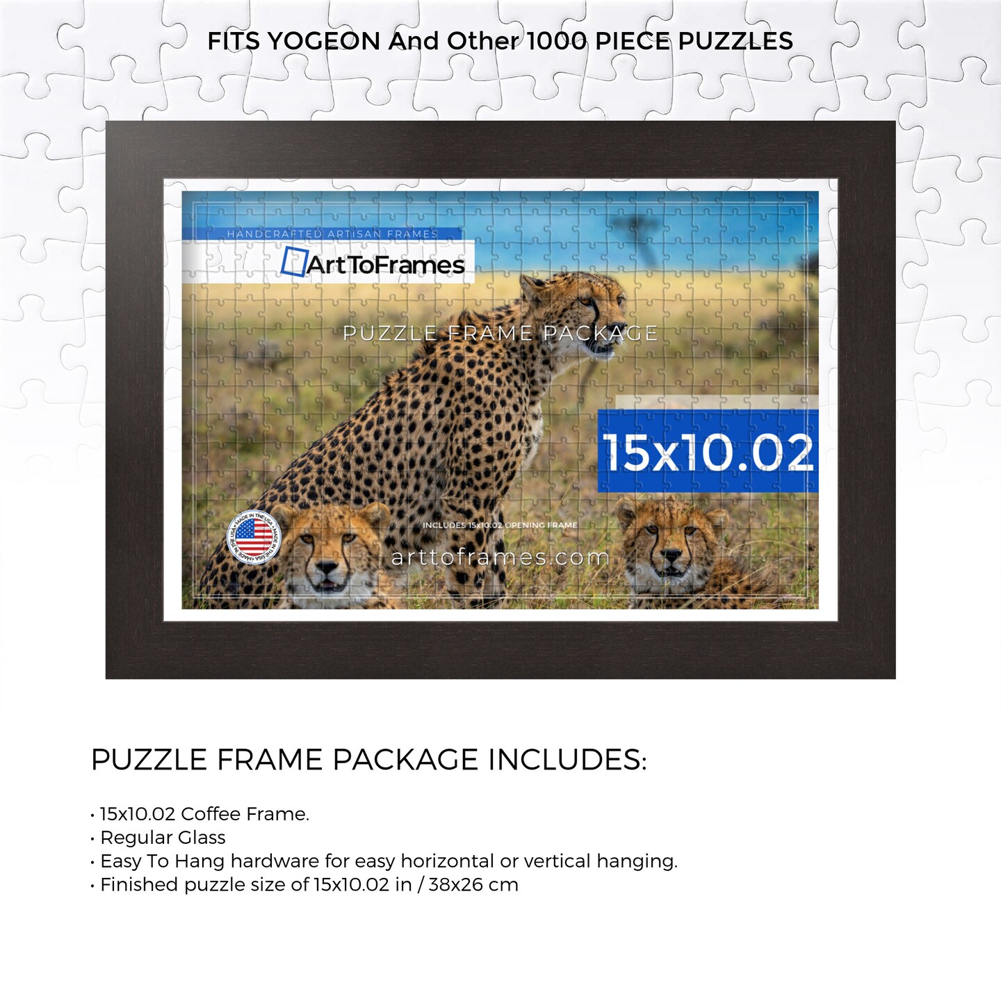 ArtToFrames 15x10.02 INCH / 38x26 CM Puzzle Frame for 1000 piece Puzzles.This 1.25 Inch Custom MDF Frame for Puzzles Comes with Regular Glass, Available in Multiple Colors