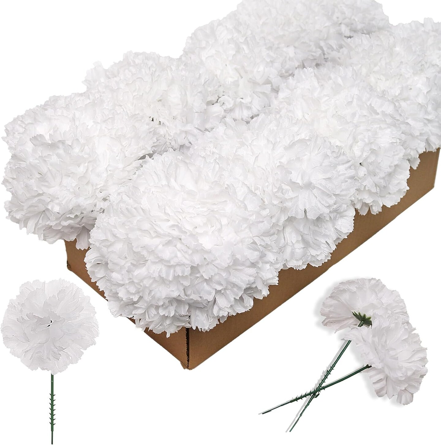 200 White Silk Carnation Flower Picks, 5” Lifelike Blossoms for Bouquets, Centerpieces, Floral Displays, and DIY Crafts - Floral Home by Artificial Flowers