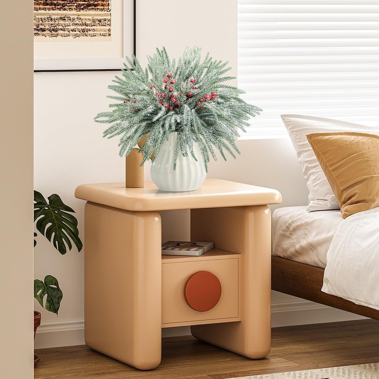 60 Pcs Christmas Snow Norfolk Pine Branches with Red Berry Stems (D Style) 1"D x 1"W x 10"H