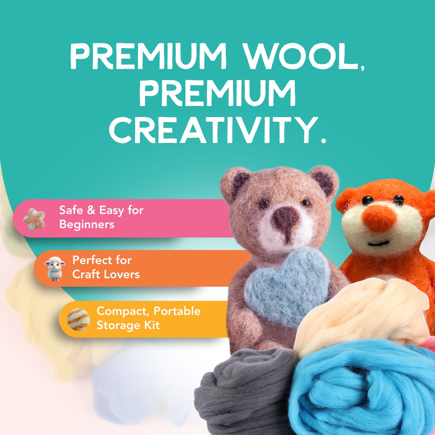 Incraftables Wool Needle Felting Kit (15 Colors). Best Wool Felting Kits for Beginners, Pros, Adults &#x26; Kids. Wool Roving Felt Supplies Starter Set with Plastic Eyes, Landyads, Keychains &#x26; Glue