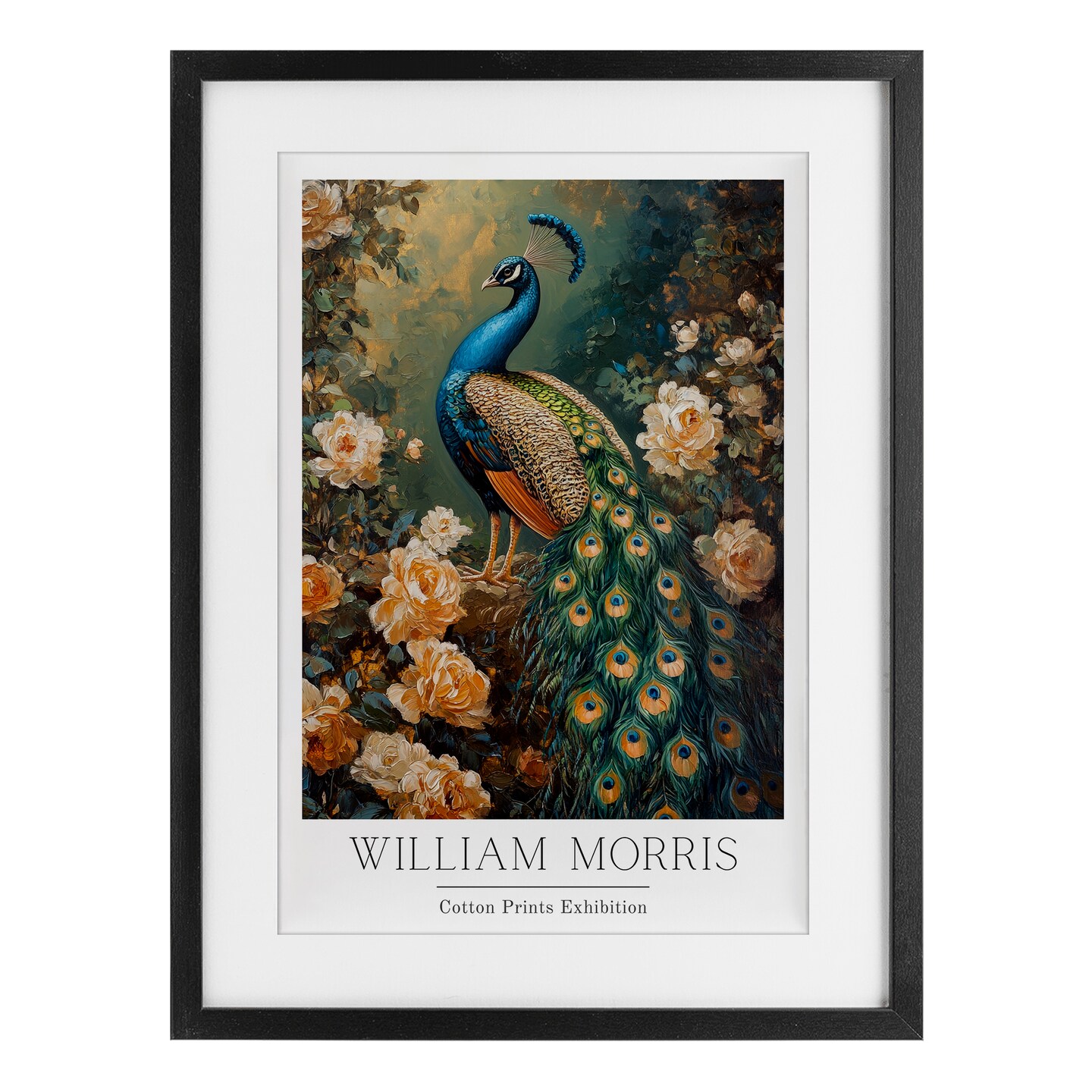 Vintage Morris Inspired Blue Peacock Framed Print Under Glass Art