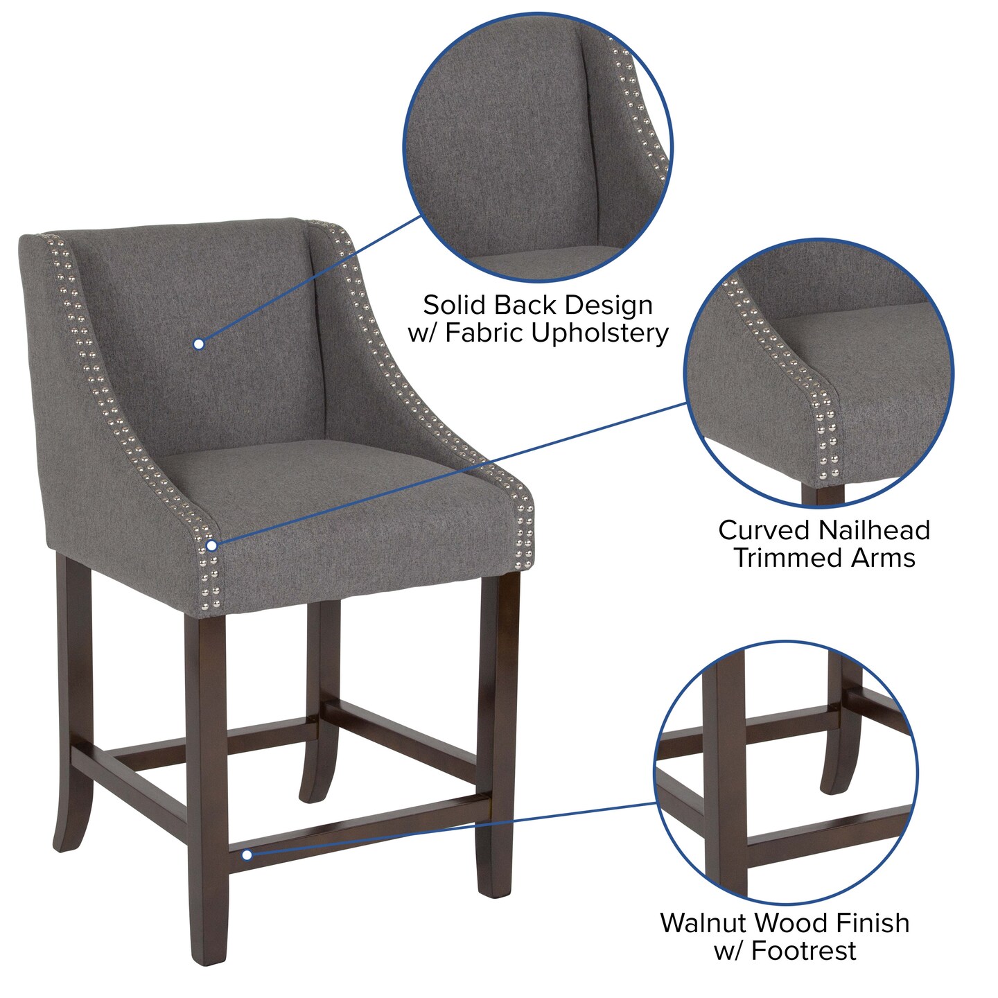 Merrick Lane Taylorsville 24 Inch Counter Height Stool with Nailhead Trim
