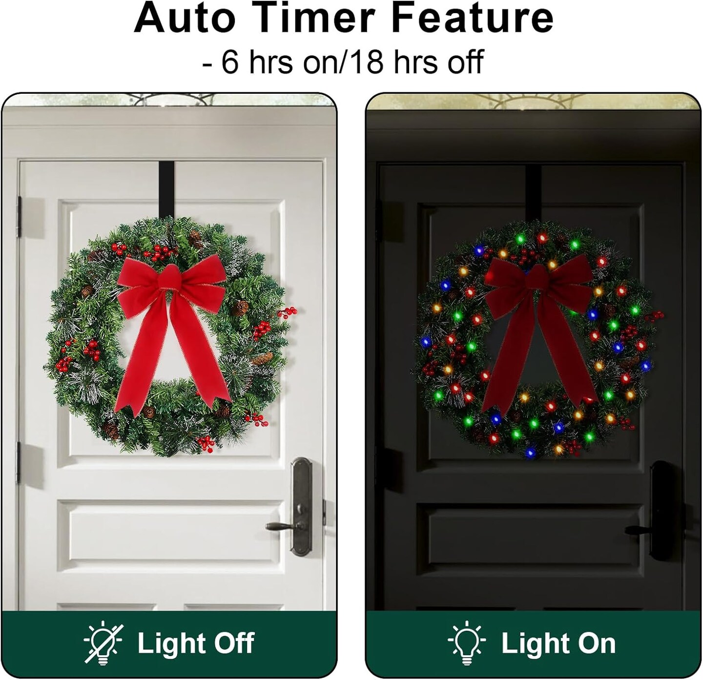 24in Prelit Christmas Wreath with Lights Timer and Remote (Warm White& Colorful) 3"D x 24"W x 24"H