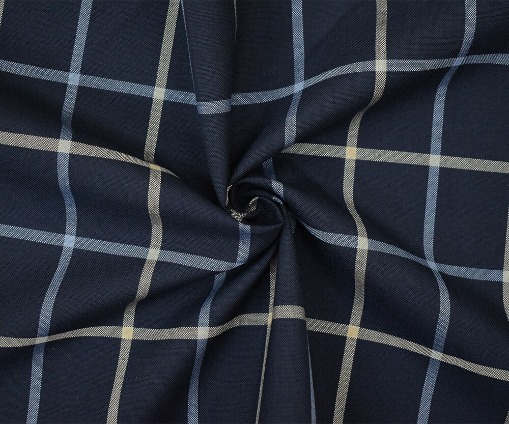 Navy-Light Blue-Beige Poly-Wool Blend Check Shirting Woven Fabric By the Yard