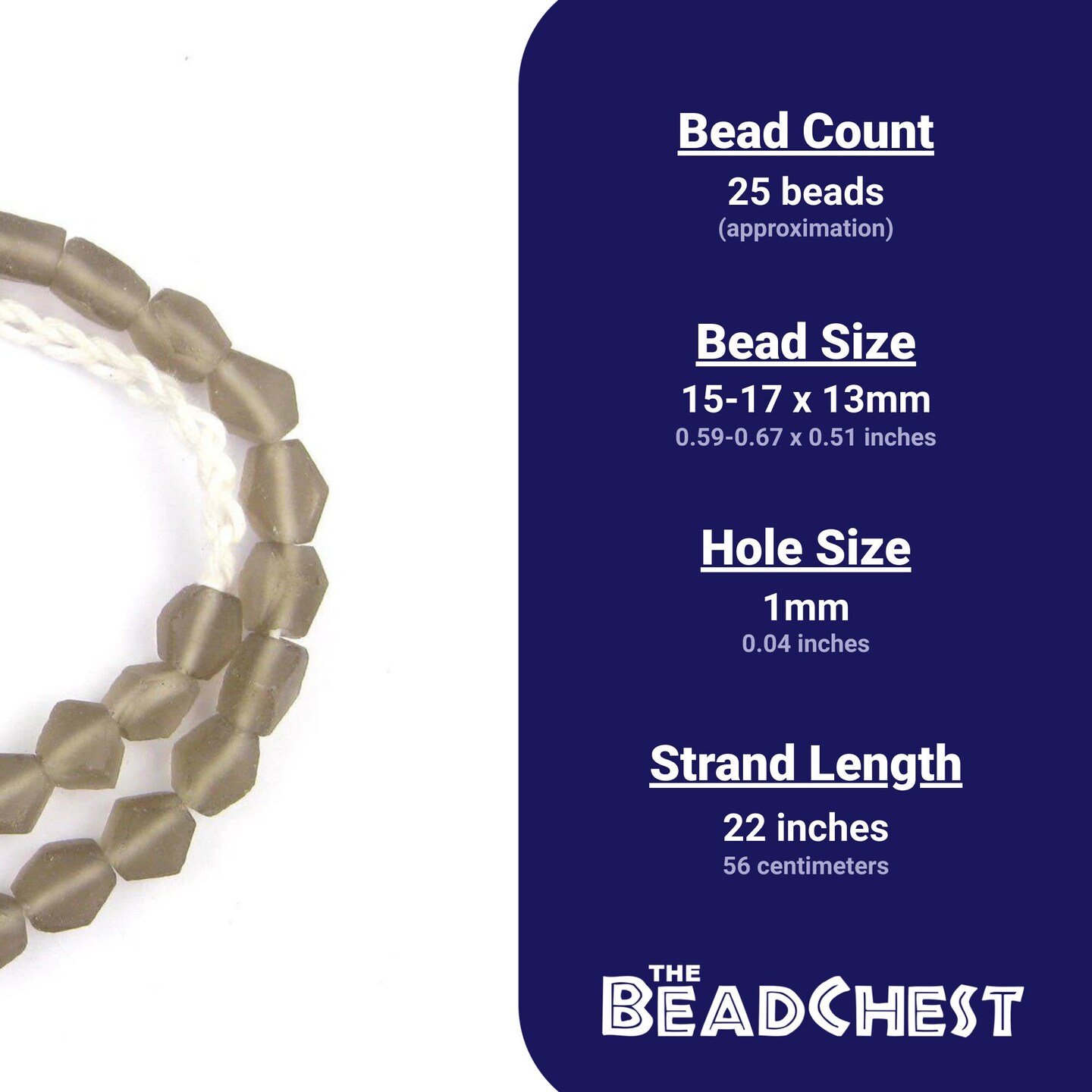 The Bead Chest Groundhog Grey Hexagon Java Recycled Glass Beads - Full Strand of Faceted Bottle Glass Beads | Approximately 25 Beads