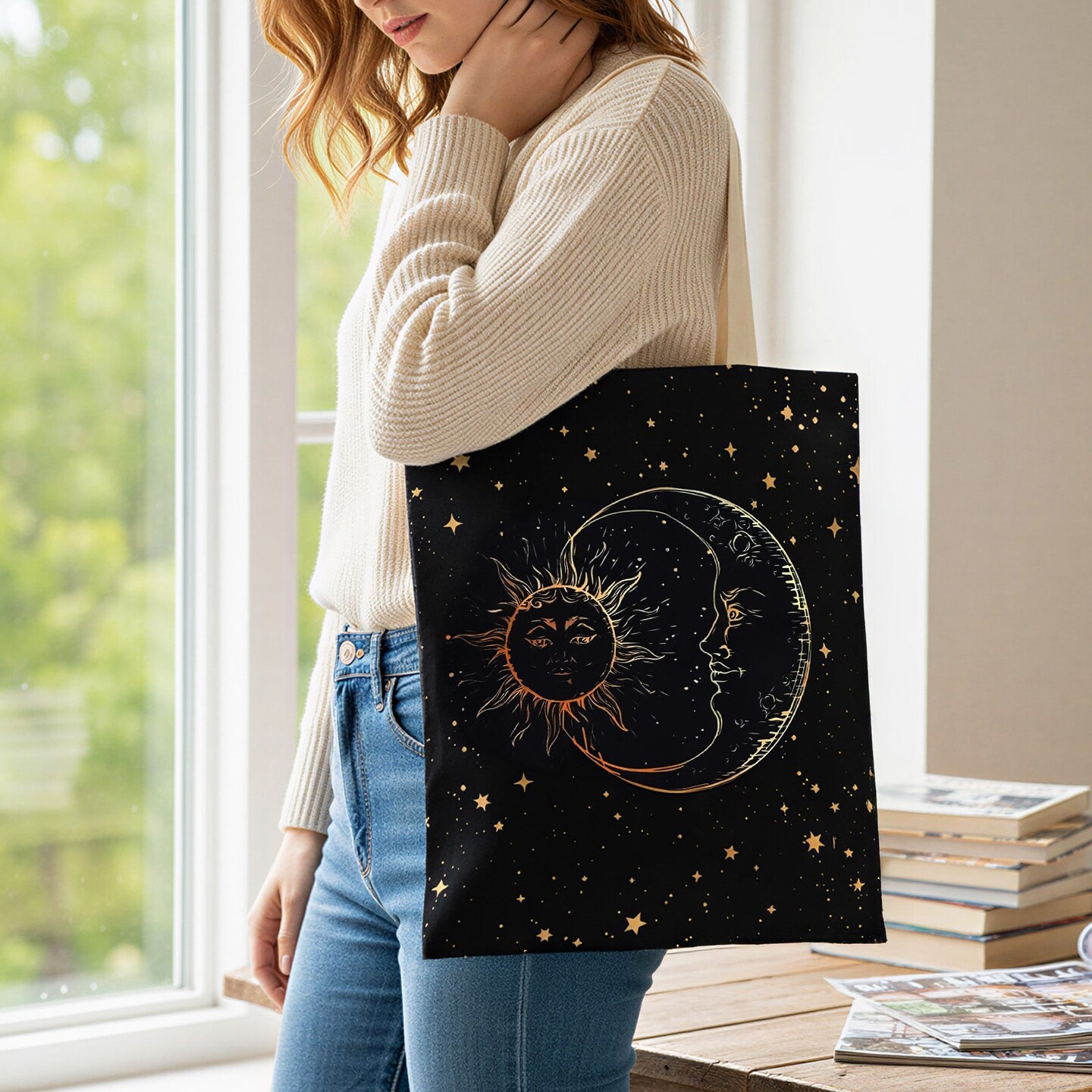 Wrapables Zippered Canvas Tote Bag, Reusable Grocery Shopping Bag, Sun and Moon