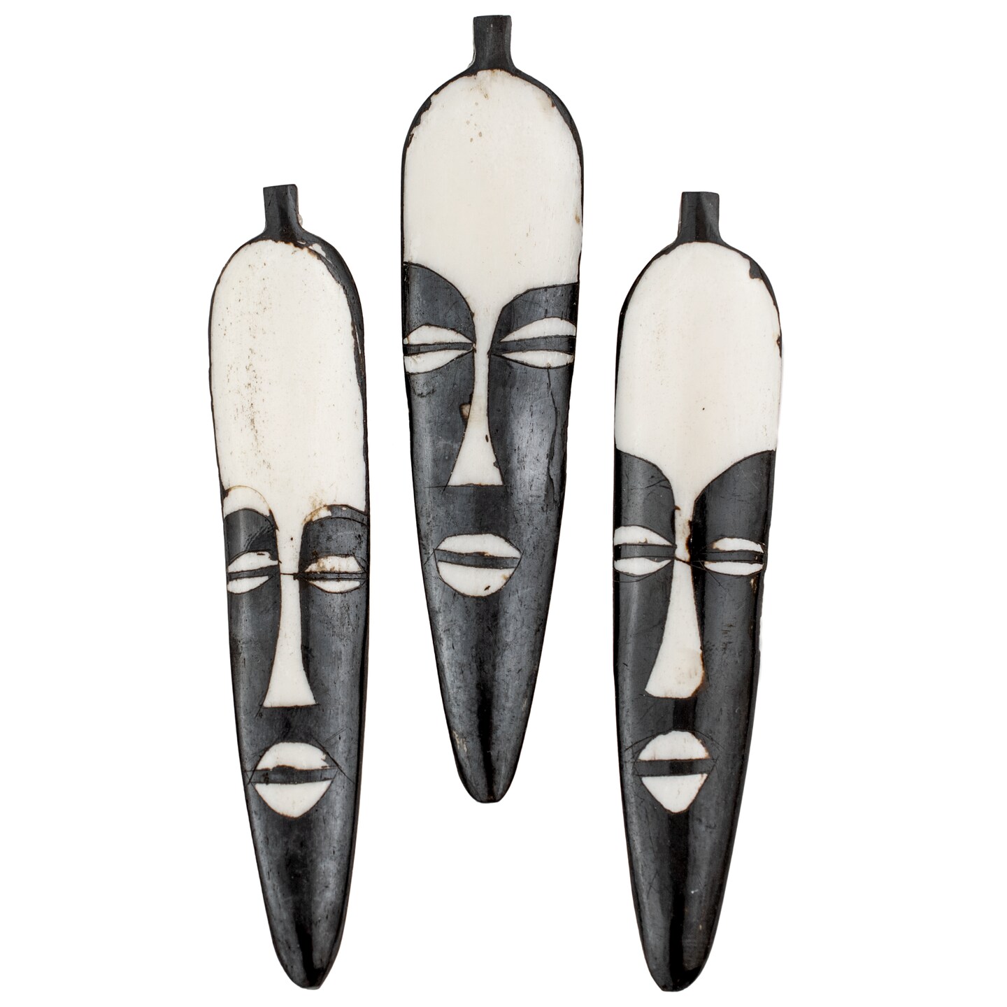 The Bead Chest Elongated Mask Batik Bone Feather Pendant 100x22mm Kenya African Black and White Flat Handmade