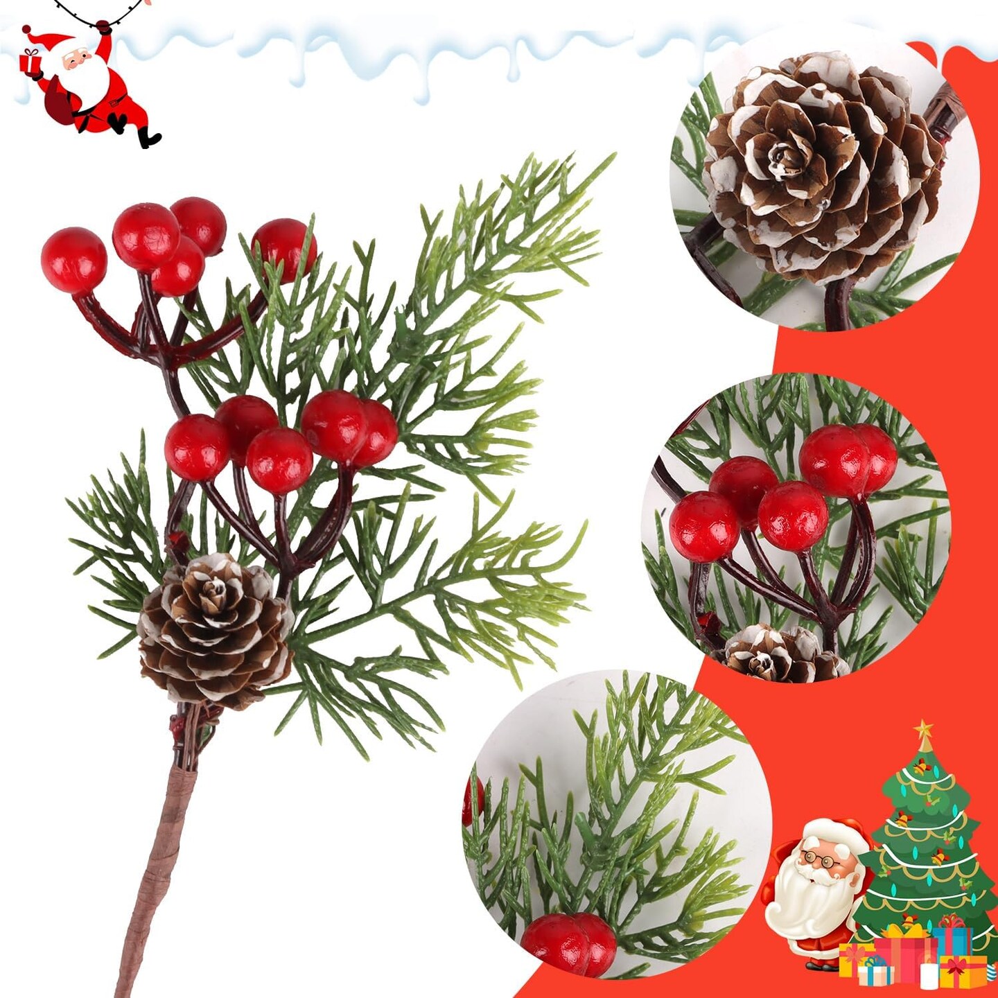 20pcs Artificial Christmas Red Berry Picks Pine Cones (Multicoloured) 12"D x 8.5"W x 4"H