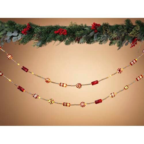 79&#x22; Lighted Twinkling w/ Green Glass Candy Garland