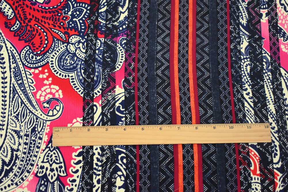 Red-Blue-Multi Paisley Border Printed Dobby Woven Fabric By the Yard