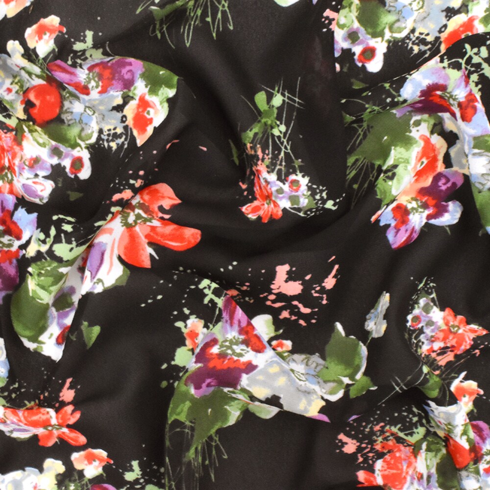 Classic Black-Red-Multi Watercolor Floral Printed Poly Chiffon Woven Fabric By the Yard