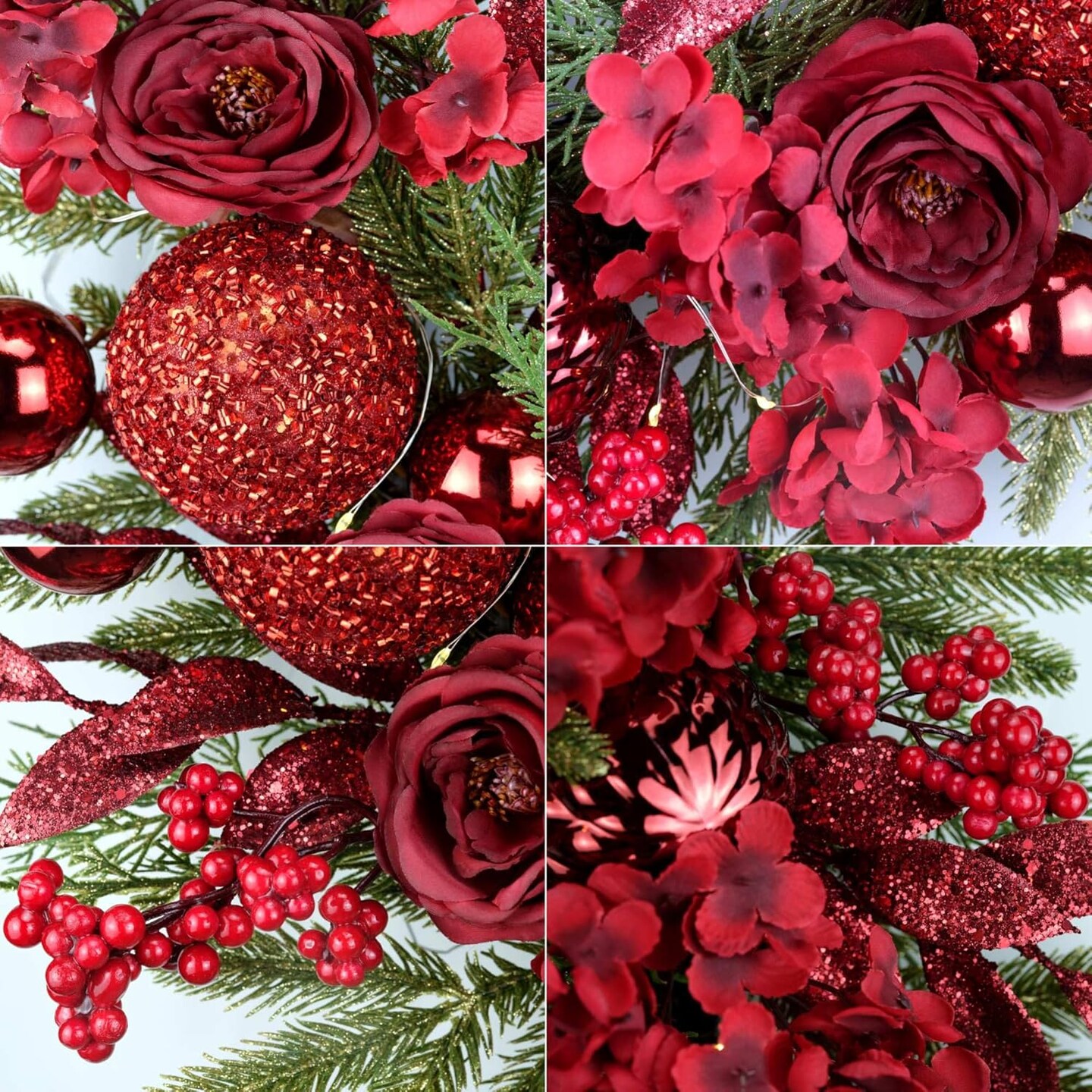 Lighted Christmas Wreath with Baubles, Berries, Leaves, Snowy Pine Needles (Red Hydrangea) 5&#x22;D x 24&#x22;W x 24&#x22;H