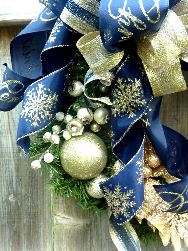 Navy Blue and Champagne Poinsettia Wreath, Holiday Door Decor