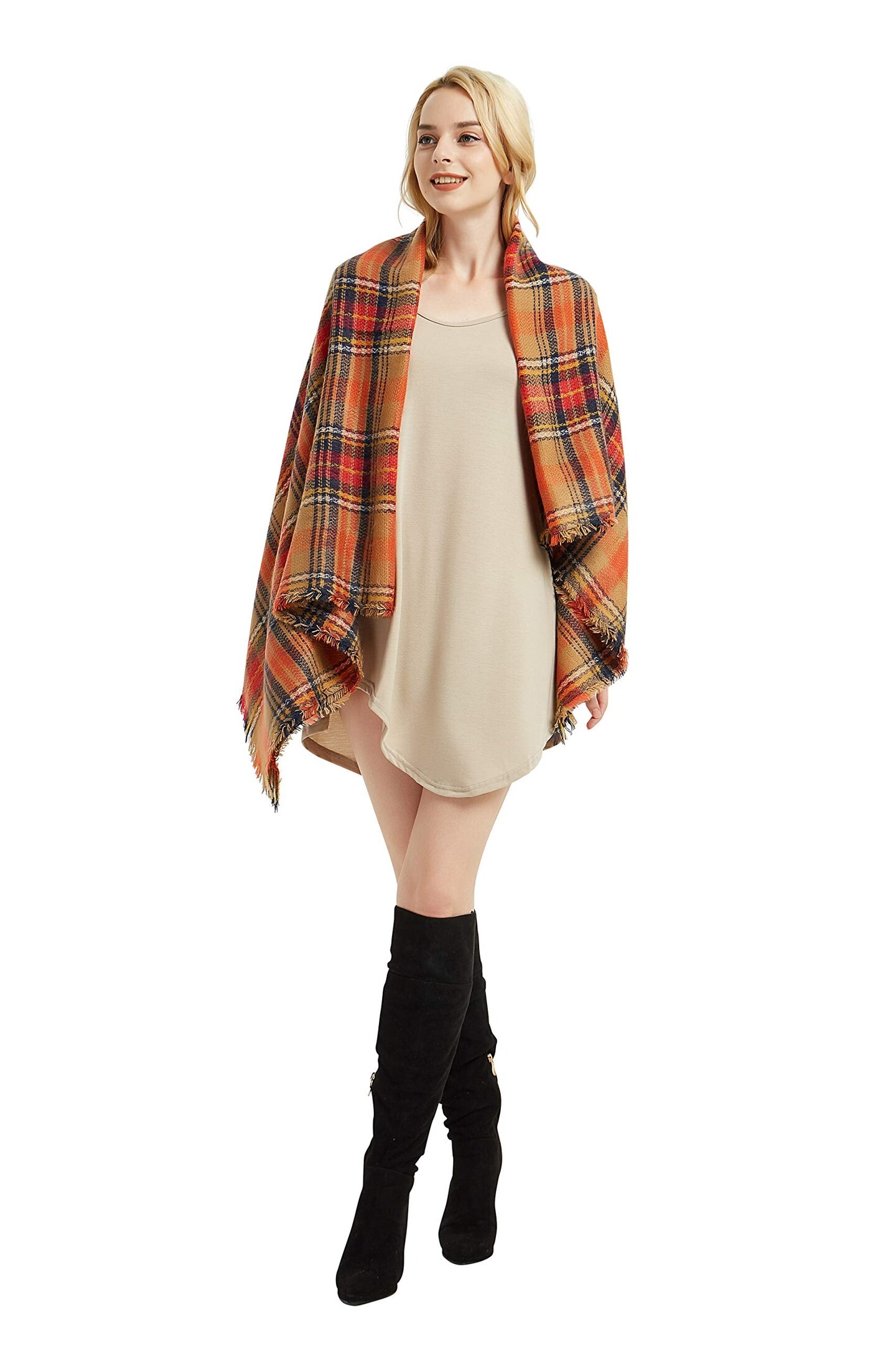 Women's Plaid Blanket Fall Winter Scarf Wrap Oversized Shawl Orange for Halloween Thanksgiving