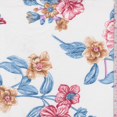White/Blue/Red Floral Double Brushed Jersey Knit Fabric By the Yard