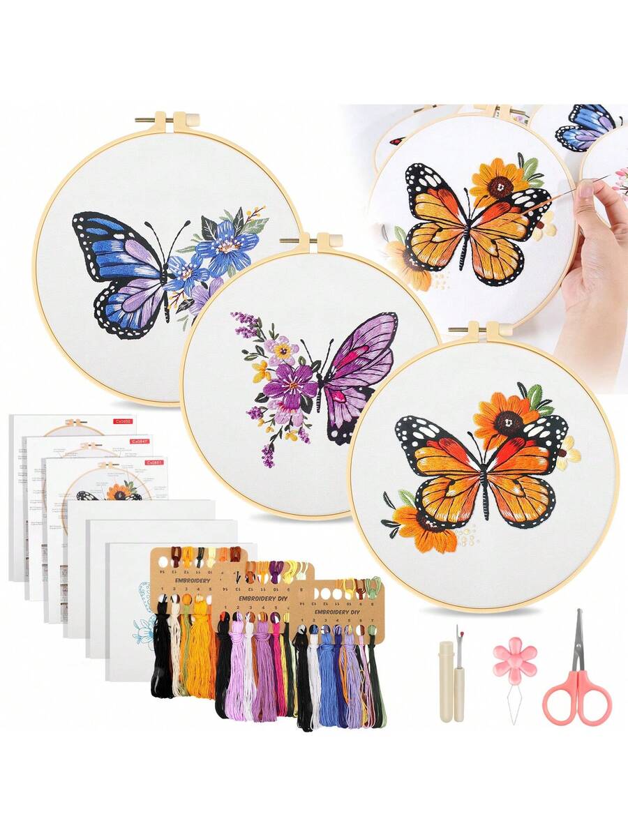 3 Sets Embroidery Stitch Practice Kit for Beginners, Include Cloth, Hoops And Threads, Stamped Cross Stitch For Craft Lover