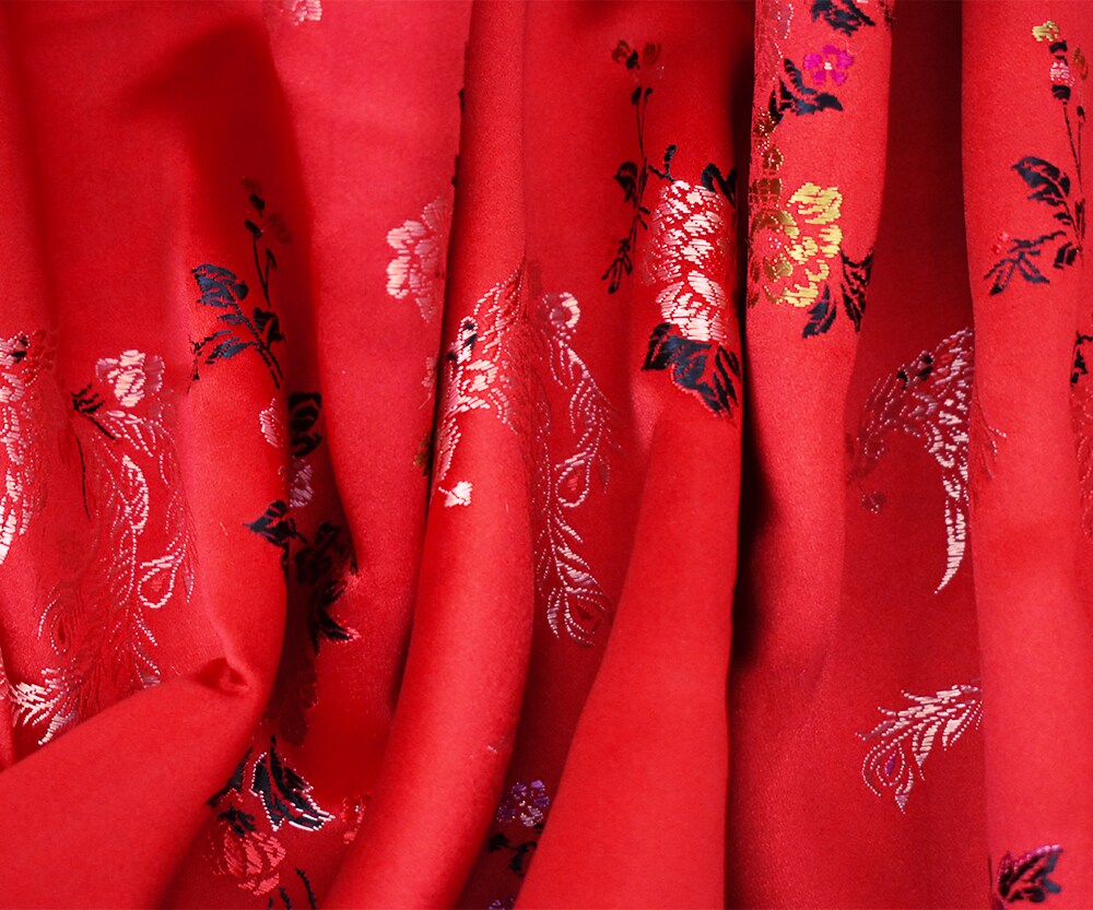 Red-Black-Multi Polyester Floral Dragon Chinese Brocade Woven Fabric By the Yard