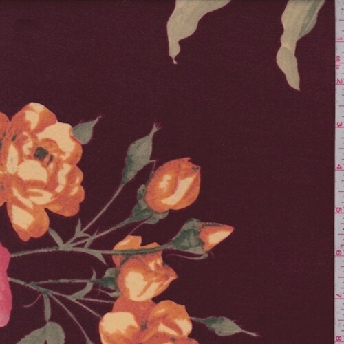 Maroon/Pink/Orange Peony Super Brushed Jersey Knit Fabric By the Yard