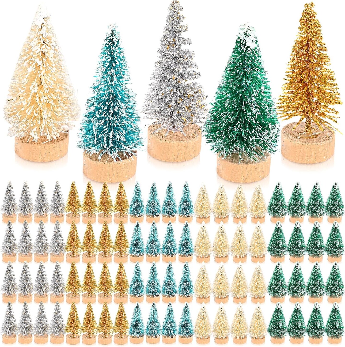 100 Pcs Mini Christmas Tree Artificial Sisal Trees with Wood Base Tabletop (Multiple Colors) 9.45"D x 7.09"W x 2.76"H