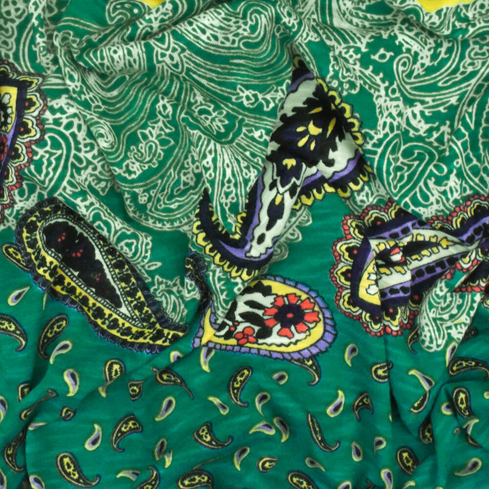 Turquoise-Multi Paisley With Stripe Printed Stretch Poly Slub Jersey Knit Fabric By the Yard