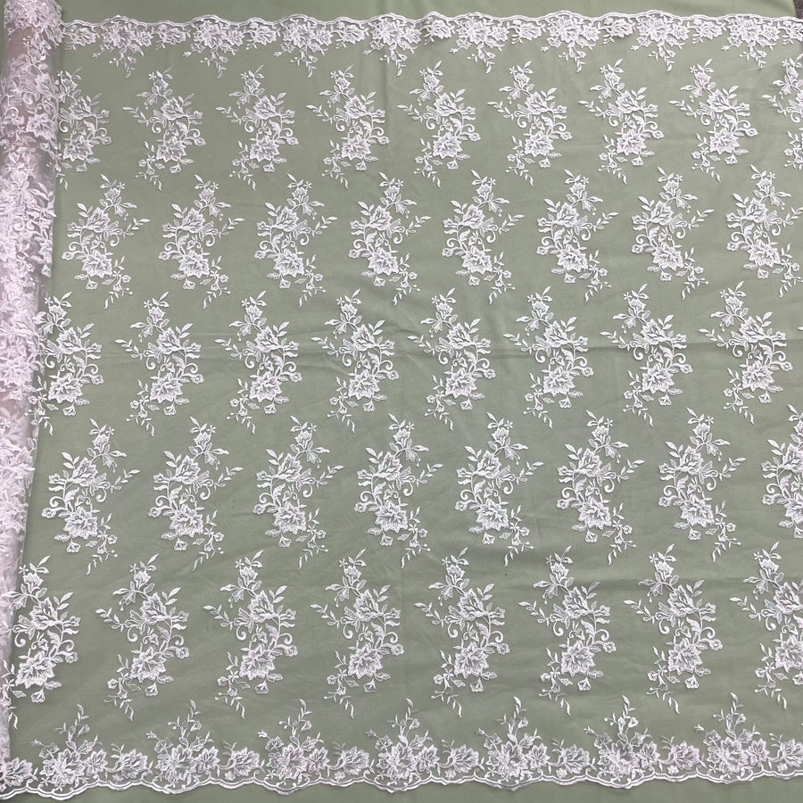 1 Yard - Corded Bridal Lace Fabric Embroidered on 100% Polyester Net Mesh | Lace USA - 97154W - Ivory with Silver - 53"