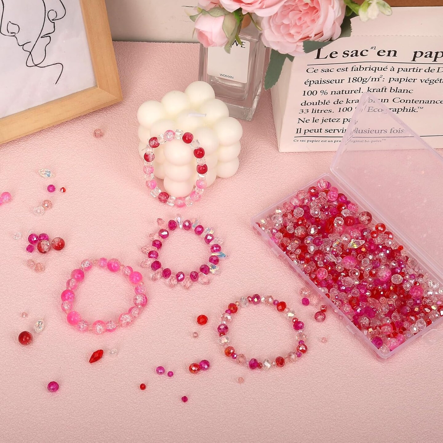 1000pcs Glass Beads for Jewelry Making Colorful Rainbow Craft (Red/Pink)