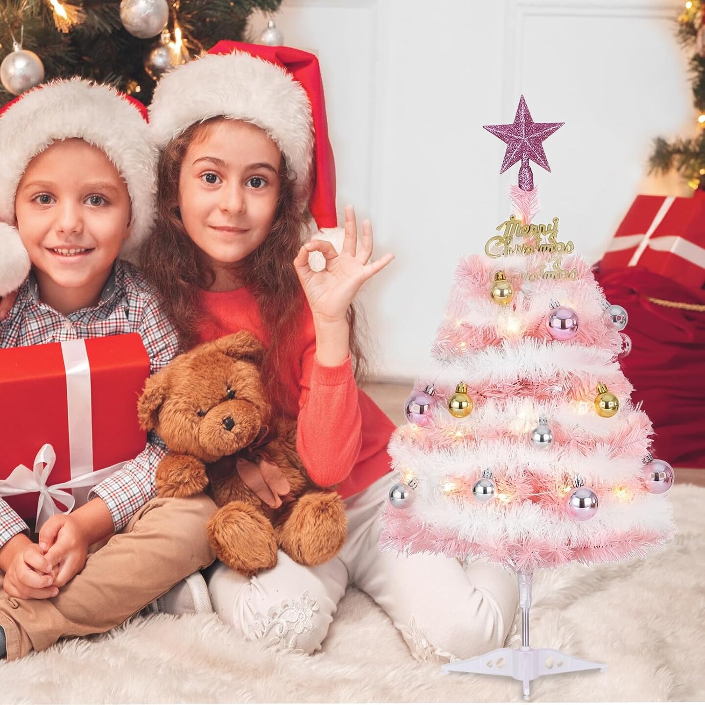 , Artificial Small Desktop Xmas Tree with Lights and Tree Ornaments (Pink) 6.89&#x22;D x 3.94&#x22;W x 16.93&#x22;H