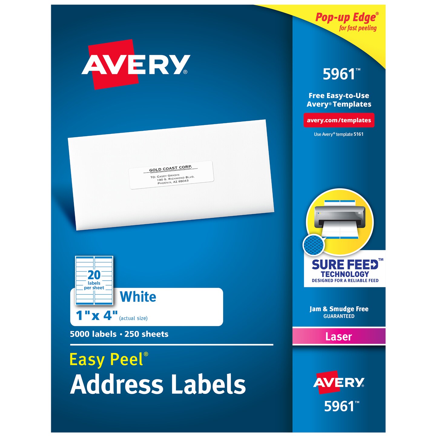Avery Easy Peel Address Labels, Sure Feed Technology, Permanent Adhesive, 1" x 4", 5,000 Labels (5961)