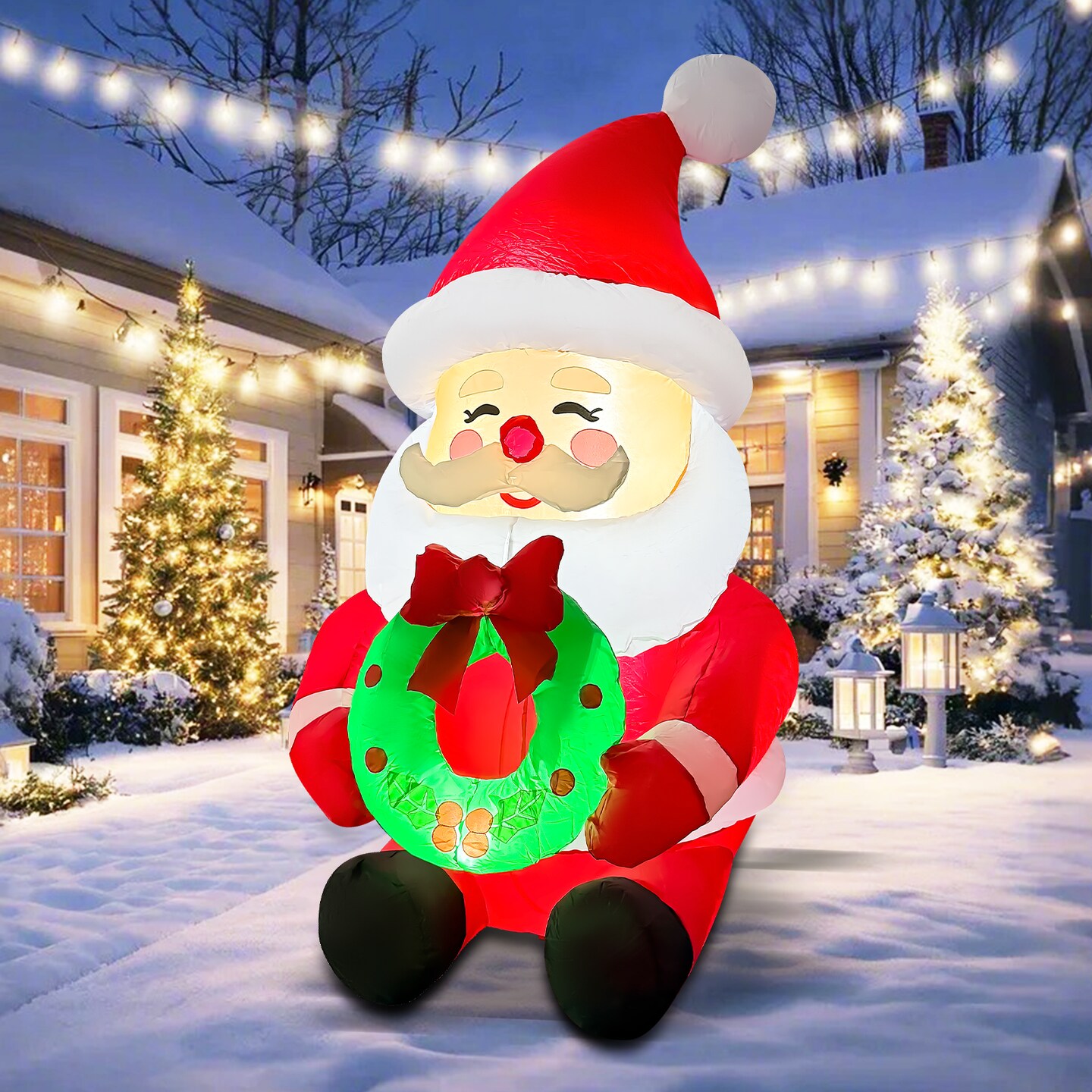 GOOSH 5.2FT Santa Holding Wreath Inflatable with LED Lights for Outdoor Christmas Décor