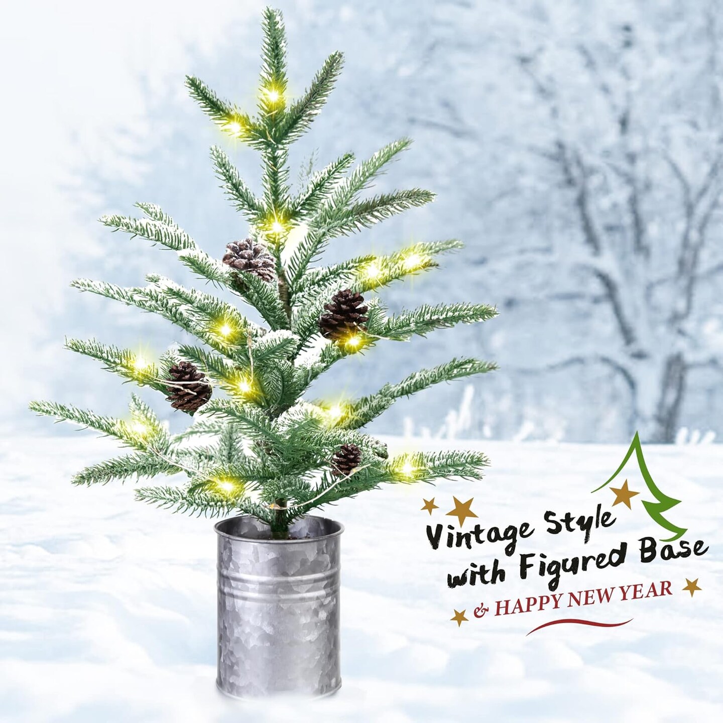Small Christmas Tree 24 inch with 60 Lights Rustic Style Tabletop (White) 4&#x22;D x 4&#x22;W x 23.62&#x22;H