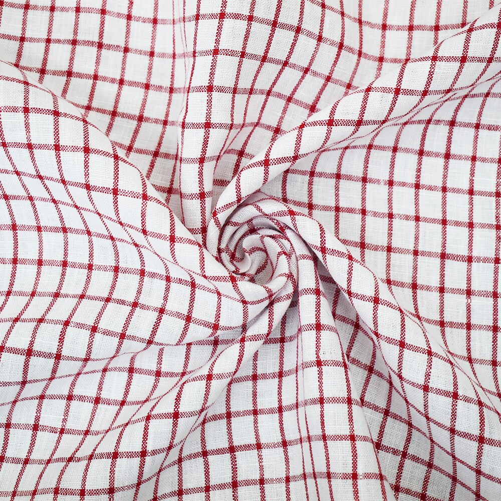 Red-White Moygashel Washed Grid Check Irish Linen Woven Fabric By the Yard