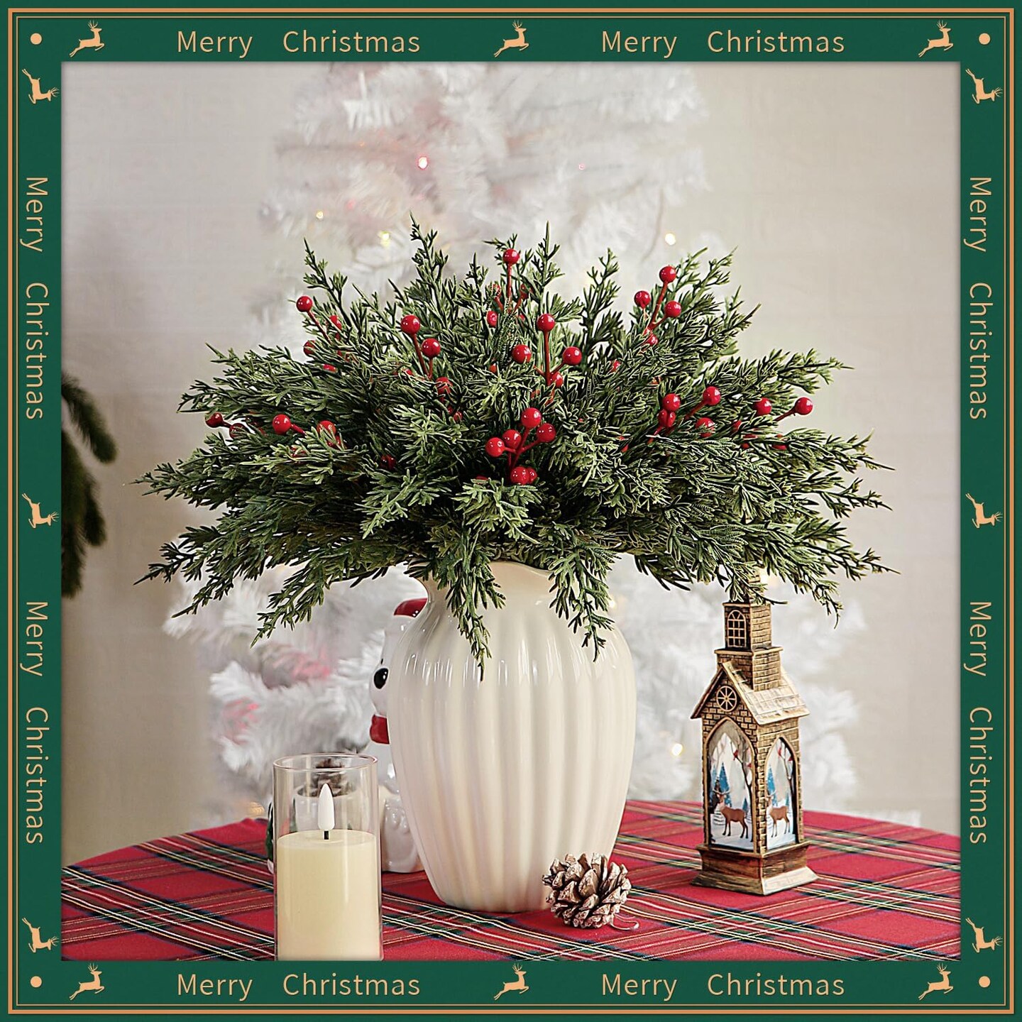 40 Pcs Artificial Pine Branches with Red Berry Picks (40, Green) 14"D x 0.3"W x 2"H