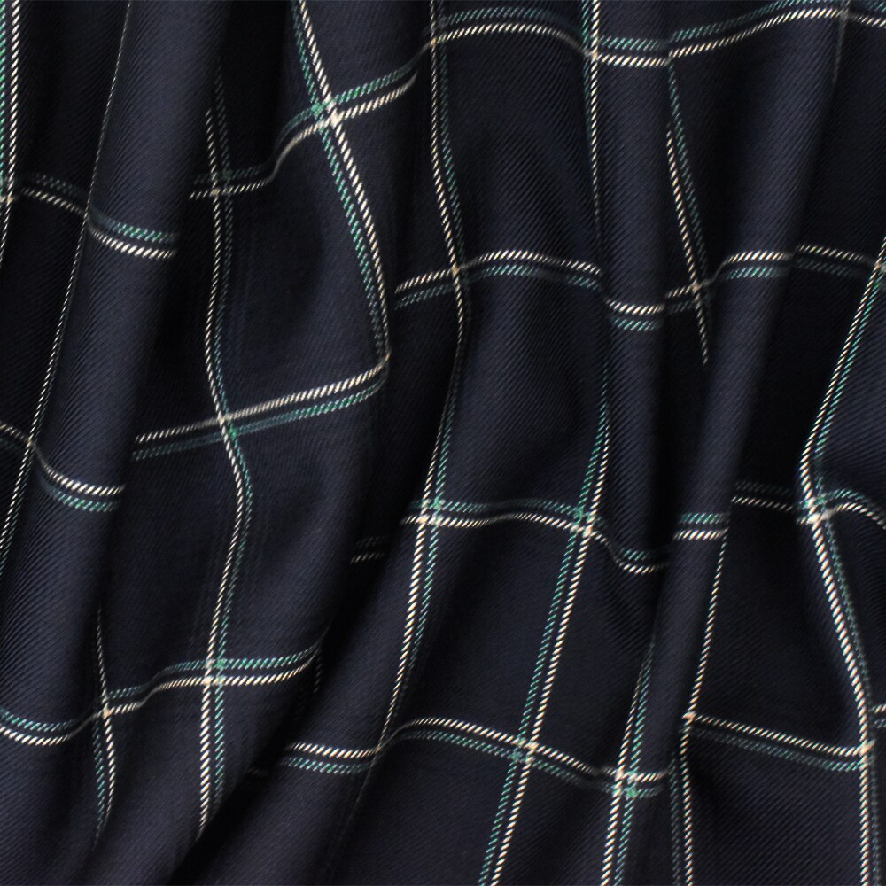 Deep Navy-Beige-Green Check Wool-Poly Twill Woven Suiting Fabric By the Yard