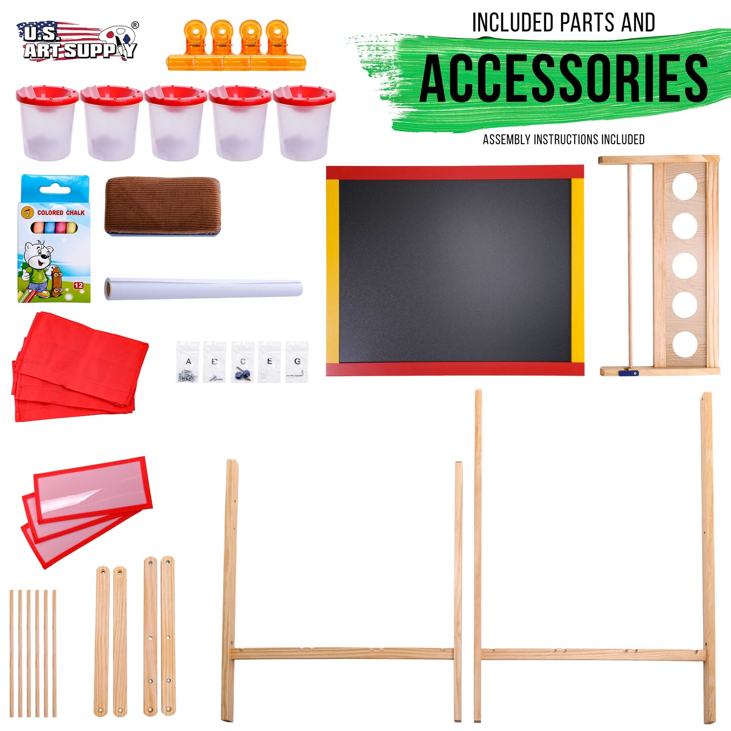 Flip-Over Children&#x27;s Double-Sided Paint &#x26; Drawing Art Easel Board with Chalkboard, Dry Erase Board, Paper Roll, 3 Storage Bins, 5 No-Spill Cups, Chalk