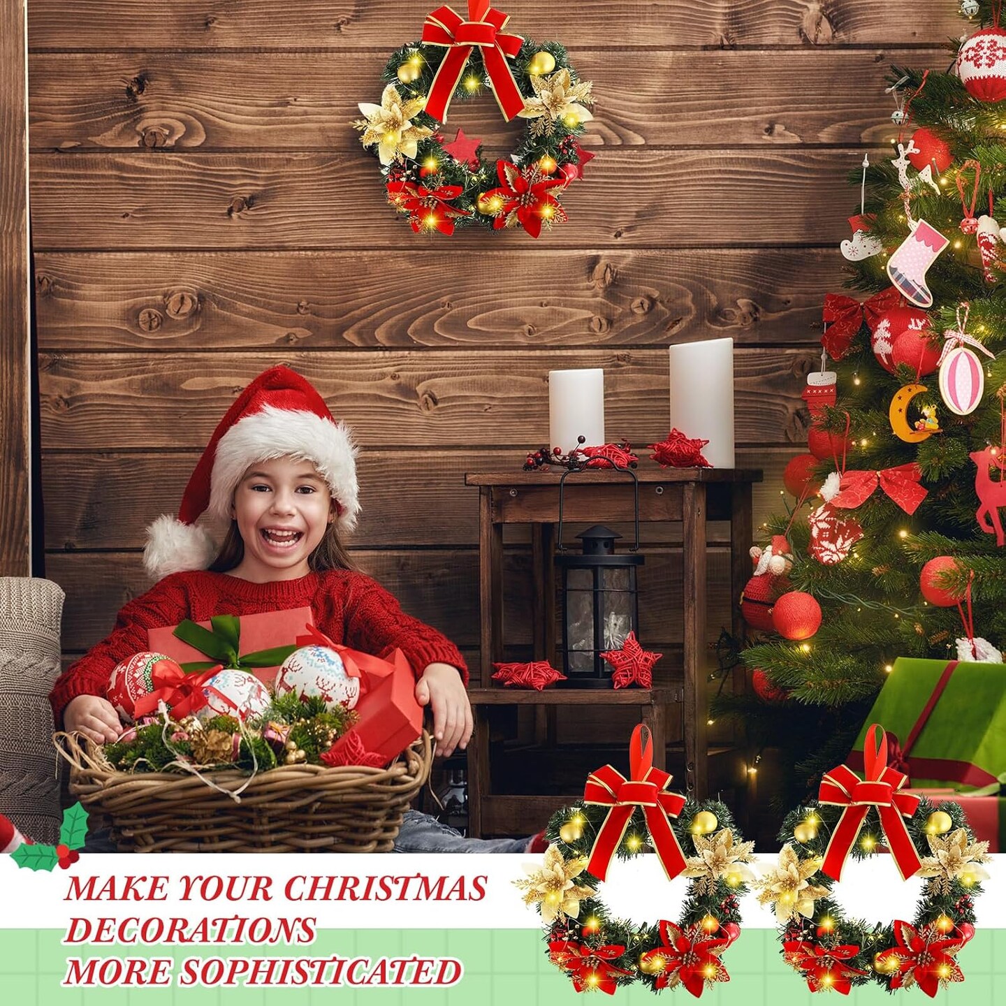 6 Pcs Lighted Christmas Wreath with Red Bow Ornament (Multicolored)