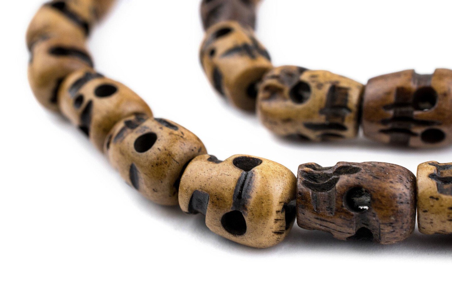 The Bead Chest Brown Carved Bone Skull Mala Beads 12x8mmLong Strand Nepal Large Hole 50 Inch Strand