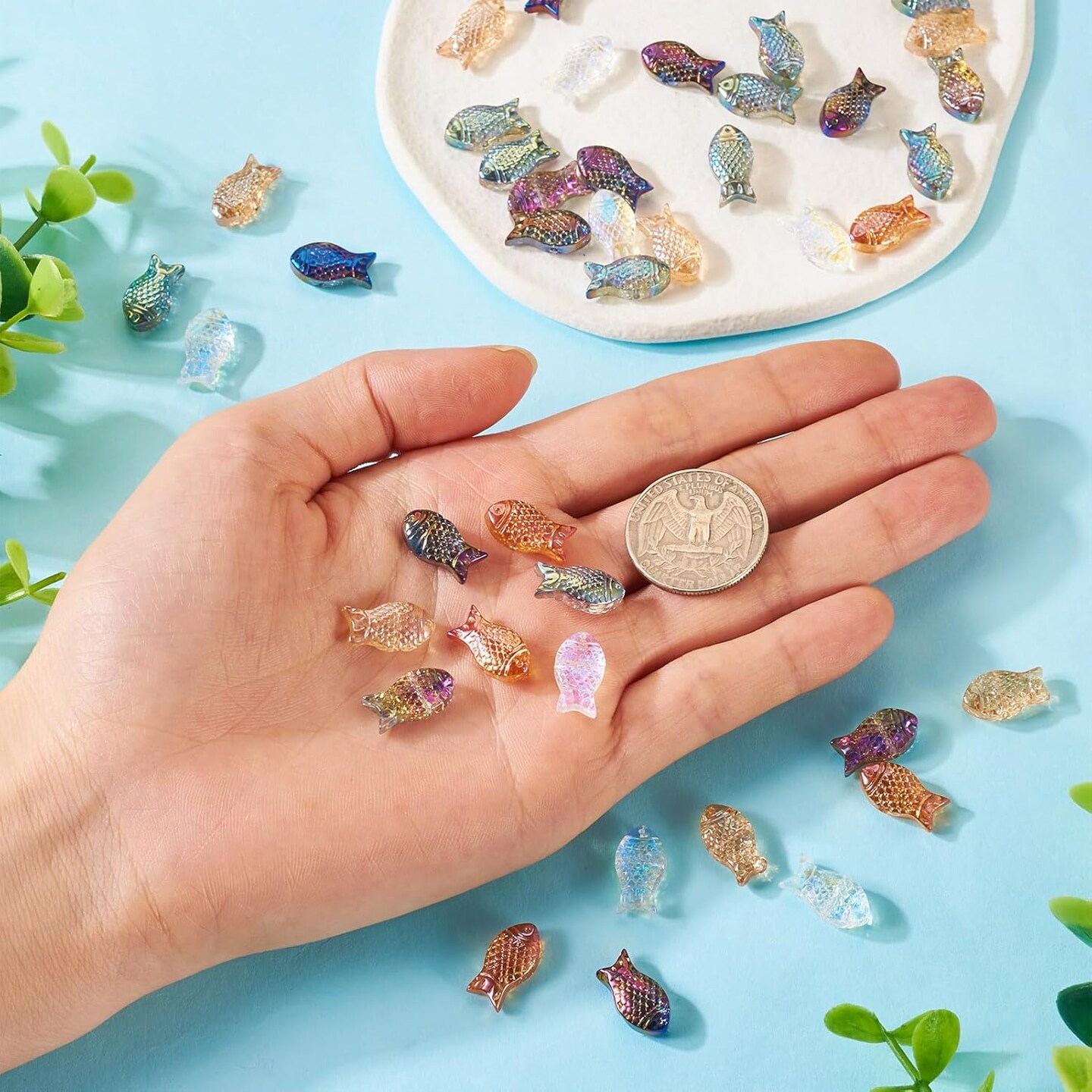 60Pcs Glass Fish Beads 6 Colors Clear Ocean Sea Glass (6 Colors, Fish)