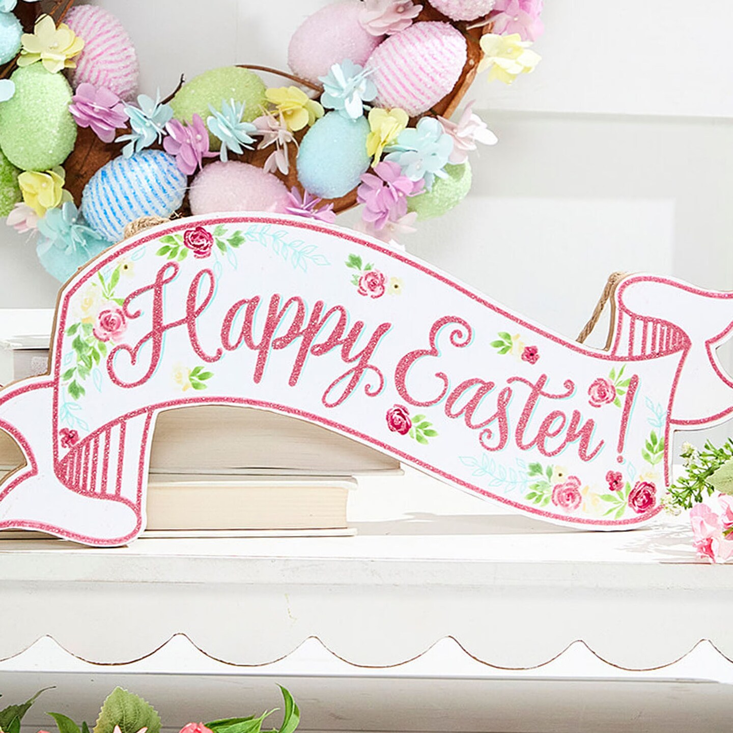 15” Glitter "Happy Easter" Banner Sign Sparkling Spring Wall or Party Decoration