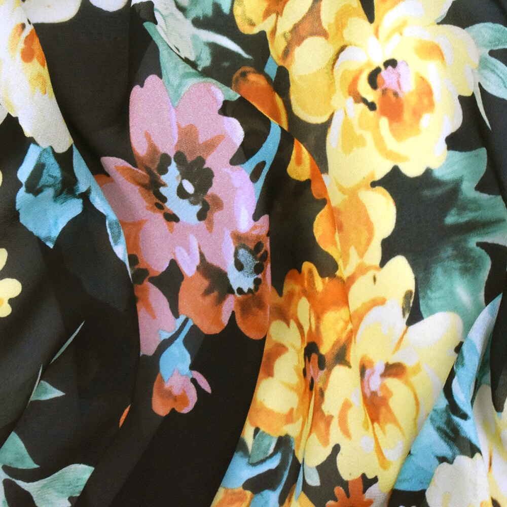Black-Multi Famous Designer Floral Print Viscose Chiffon Woven Fabric By the Yard