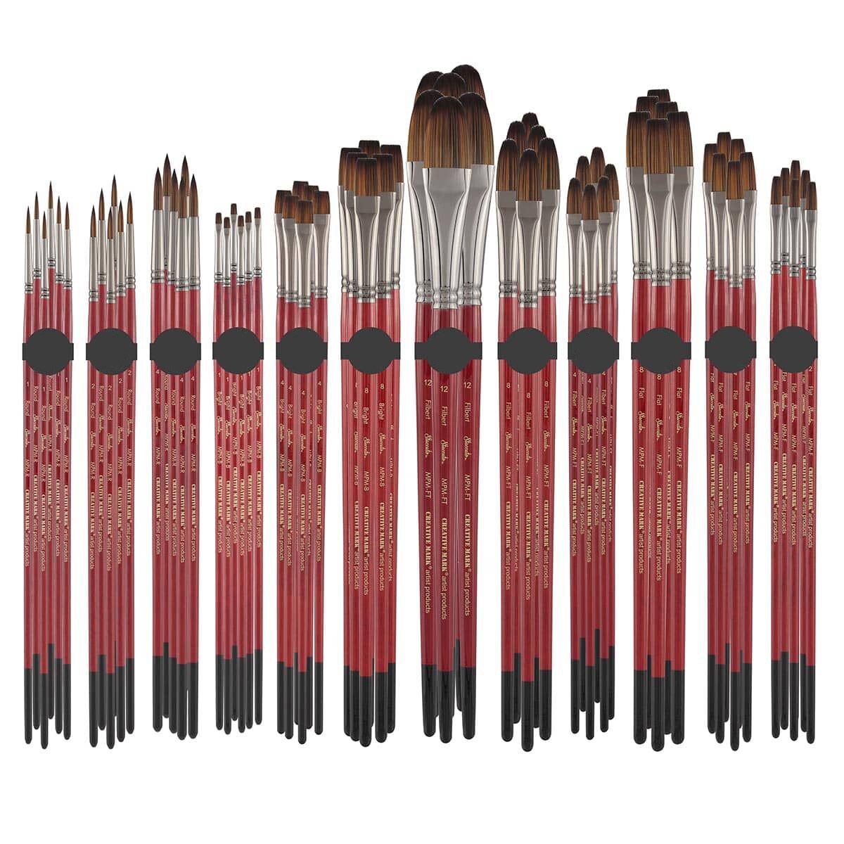 Creative Mark Staccato Artist Paintbrush - Assorted Shapes and Sizes - Bulk Pack of 72 - Synthetic Long Handled Brushes For Acrylic Paints, Handmade and Full Bodied With Springy Response