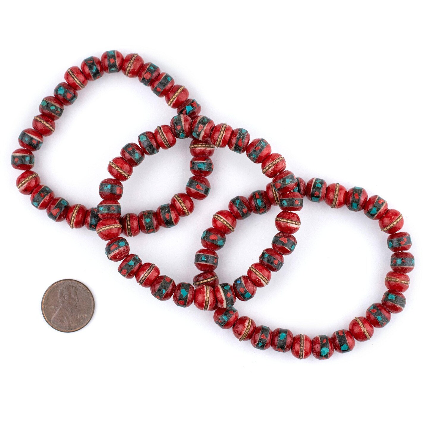 The Bead Chest Mala Stretch Bracelet, Red - Stackable Nepal Bone Inlaid with Turquoise & Coral Colors, 100% Authentic and Genuine