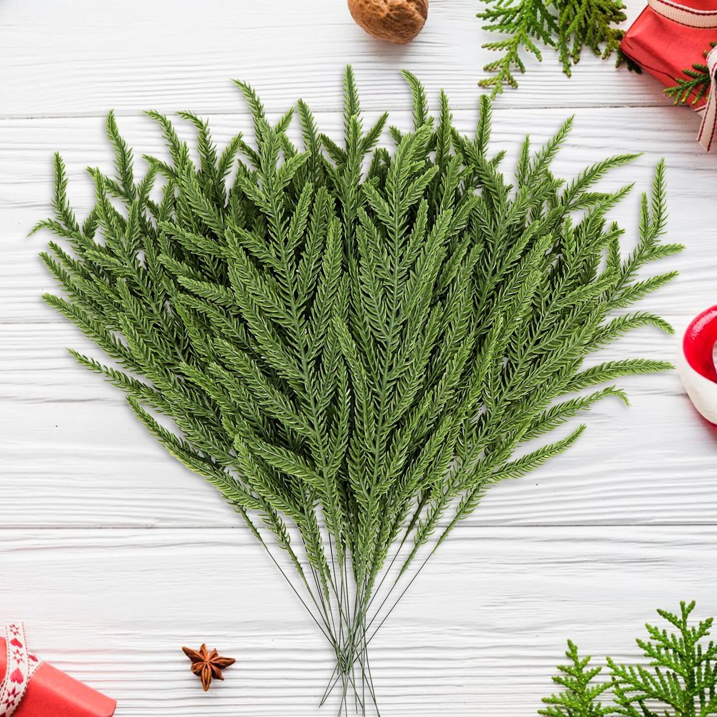 30 Pcs Christmas Real Touch Norfolk Stems, 15Inch Artificial Pine Branches Faux Evergreen Pine Sprigs Fake Foliage Greenery Picks for Christmas Wreath Making DIY Crafts Home Decoration (30, Green)