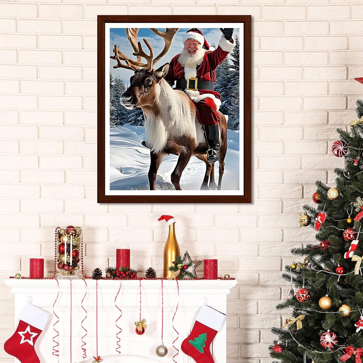 Christmas Diamond Art Kits for Adults, Santa Deer Diamond Paiting Kit for Beginners, 5D DIY Round Full Drill Craft Diamond Dot Gem Art, Home Wall Decor 12" x 16"
