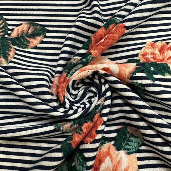 Peach Floral Black Stripe Print Double Brushed Jersey Knit Fabric By the Yard